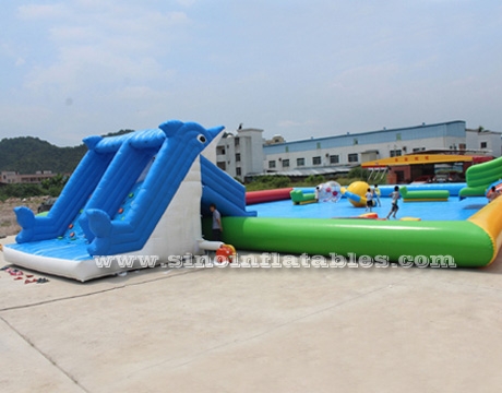 kids N adults large inflatable water park on land with big inflatable pool