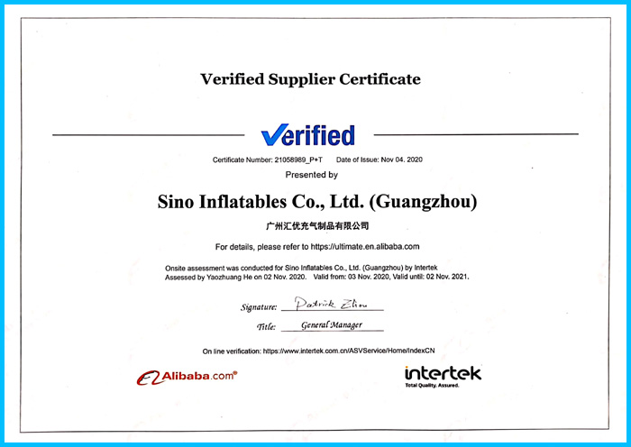 Sino Inflatables factory passed the most restrict system certificate aduit of INERTEK last month end