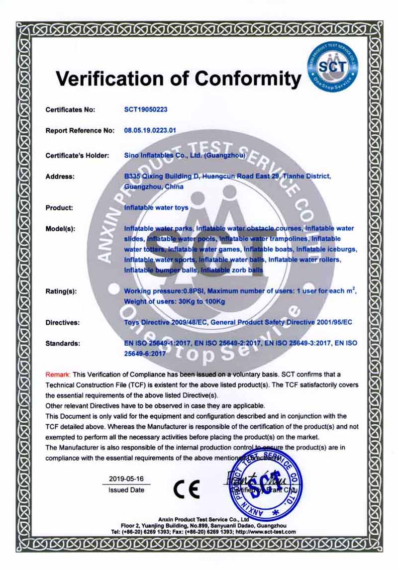 certificat en25649 pour jeux d'eau gonflables